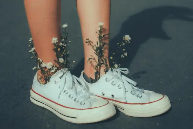 Primer plano de unas zapatillas de lona blancas con flores silvestres asomando en los tobillos